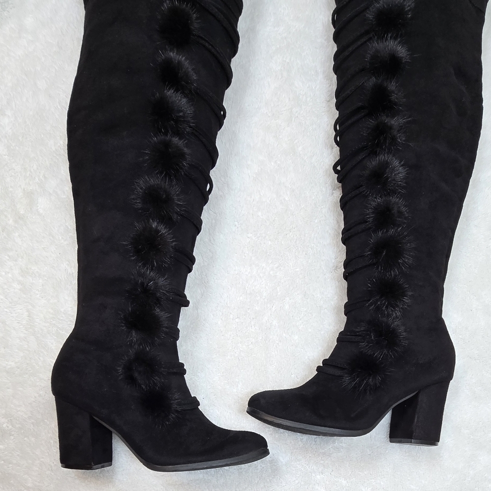 Italina Black Plush Suede Pom-Pom Over-Knee Boots Coquette Whimsigoth Sz.8 - Picture 4 of 16